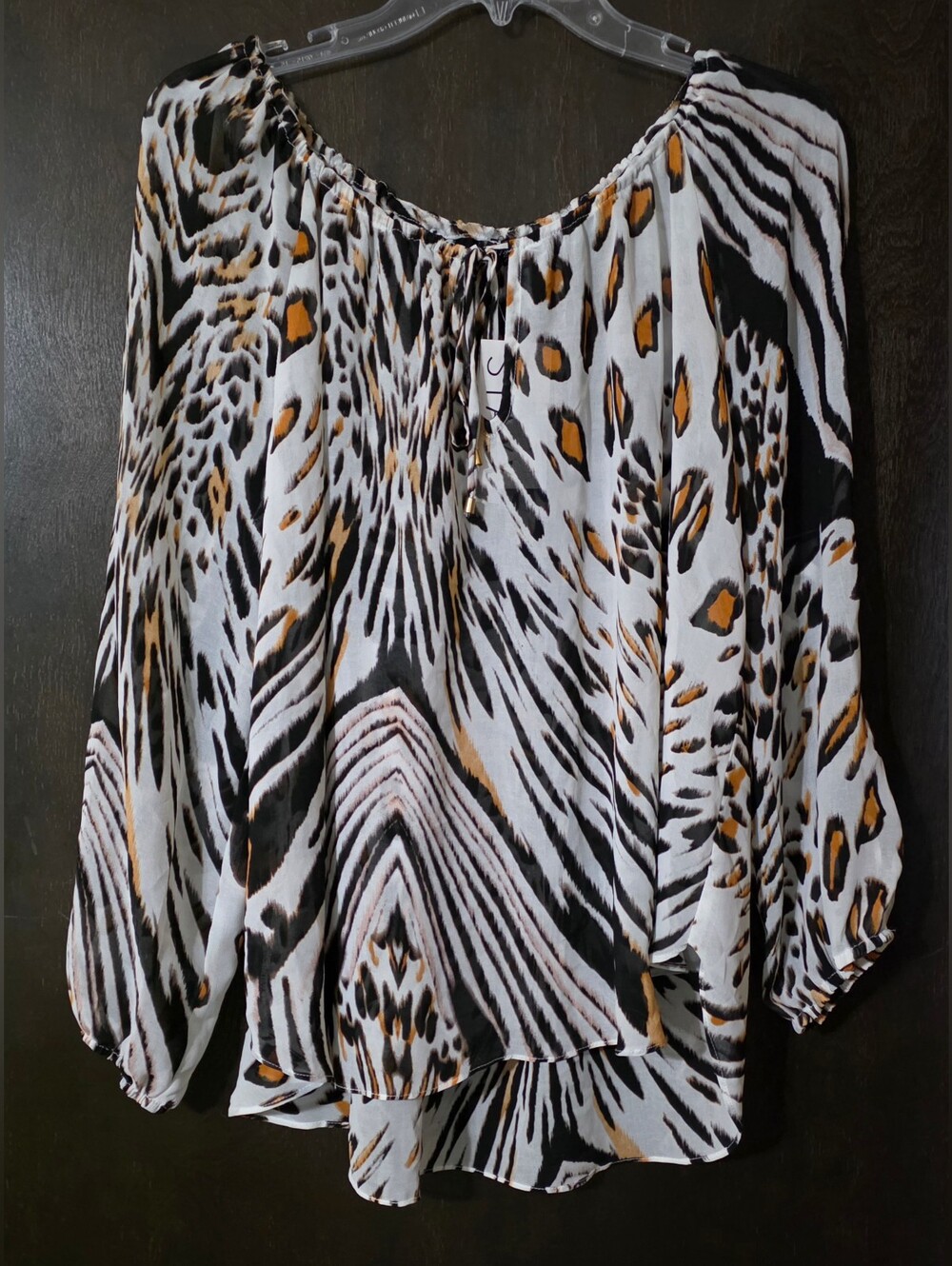 Ark & Co Animal-Print Peasant Semi-Sheer Cold Shoulder Keyhole Tie Blouse Size L
